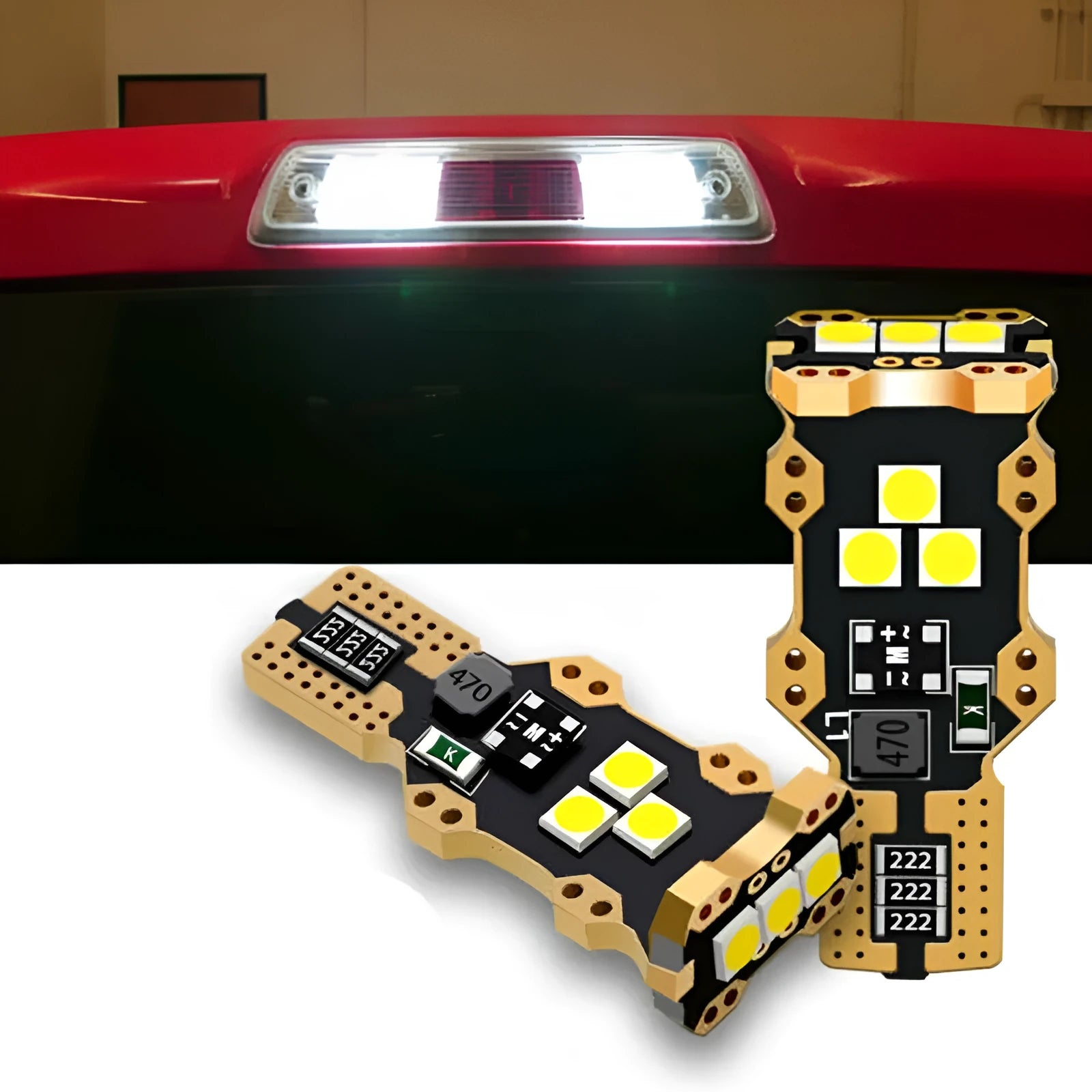 T15 automotive reverse light bulb with white housing and 6000K colour temperature for vehicle applications