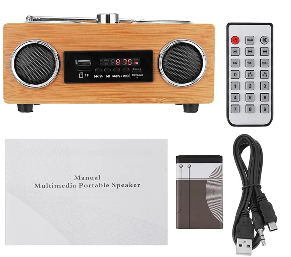 Wood-finish Bluetooth speaker with two-channel stereo and 15-metre range