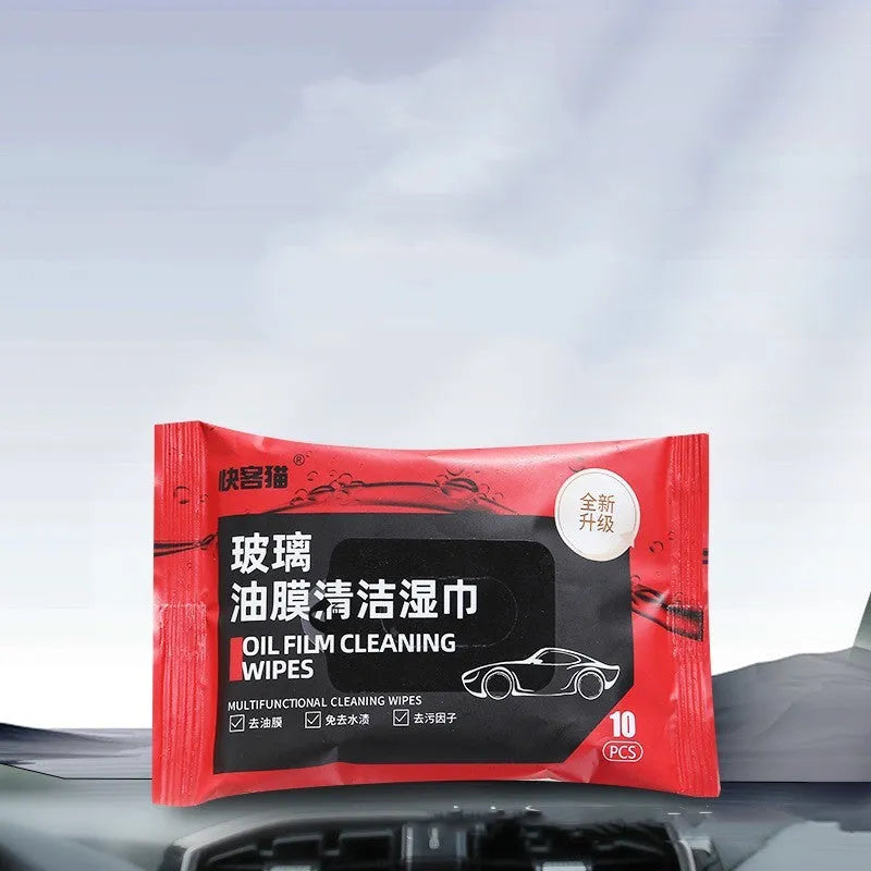 Pack of 10 portable glass oil film removing wipes with degreasing formulation on a white background
