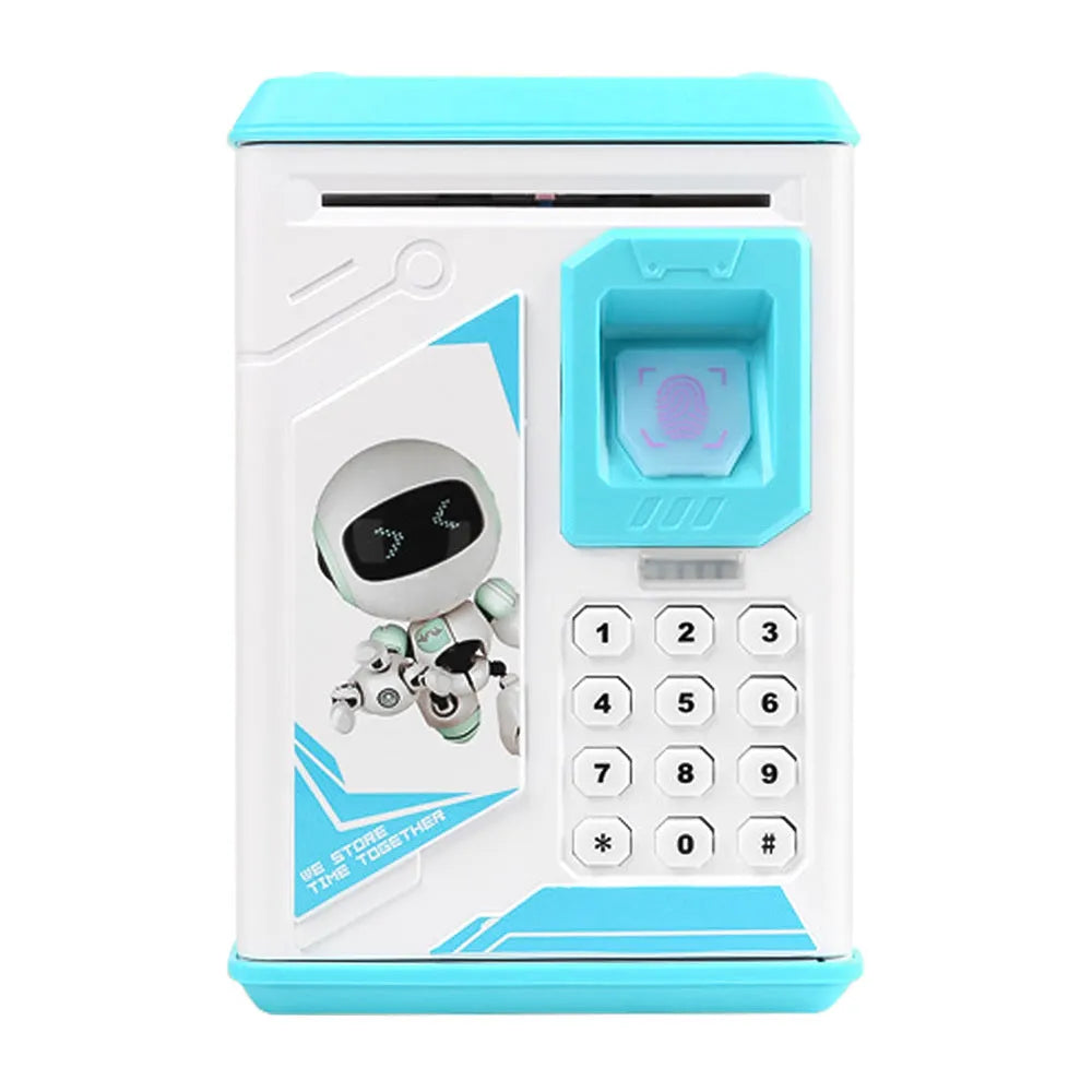 Electronic piggy bank in blue with fingerprint scanner and ATM-style front panel on white background