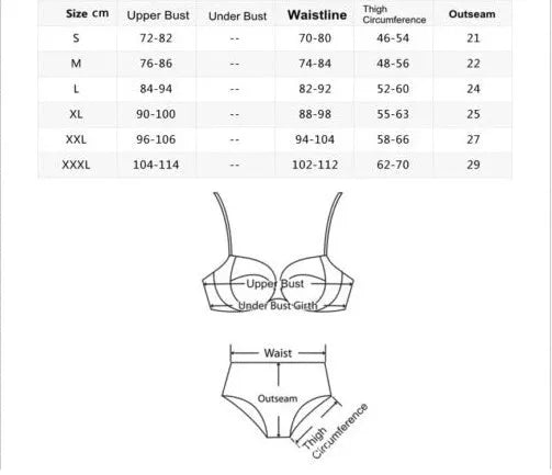 Black one-piece swimsuit shown in sizes S, M, L, and XL for swimming and beach use