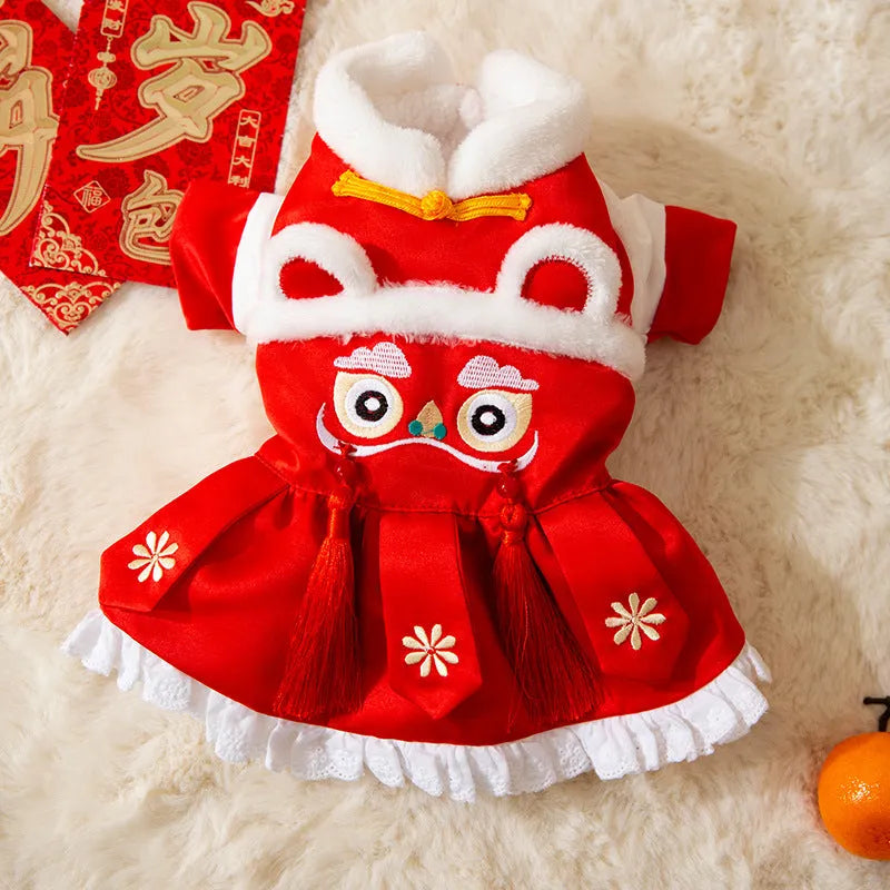 Red Lion Dance pet Tang suit with embroidery for dogs and cats, cotton-padded, sizes S to XXL