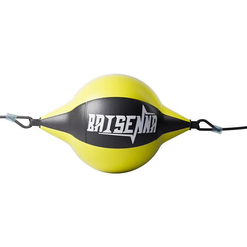 Black and red stitched PU leather hanging punching speed ball for boxing training.