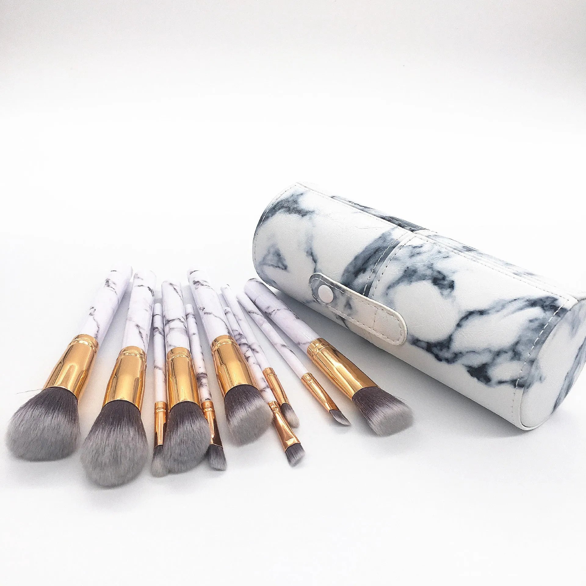 Marble pattern makeup brush set with ten brushes in a matching brush bag
