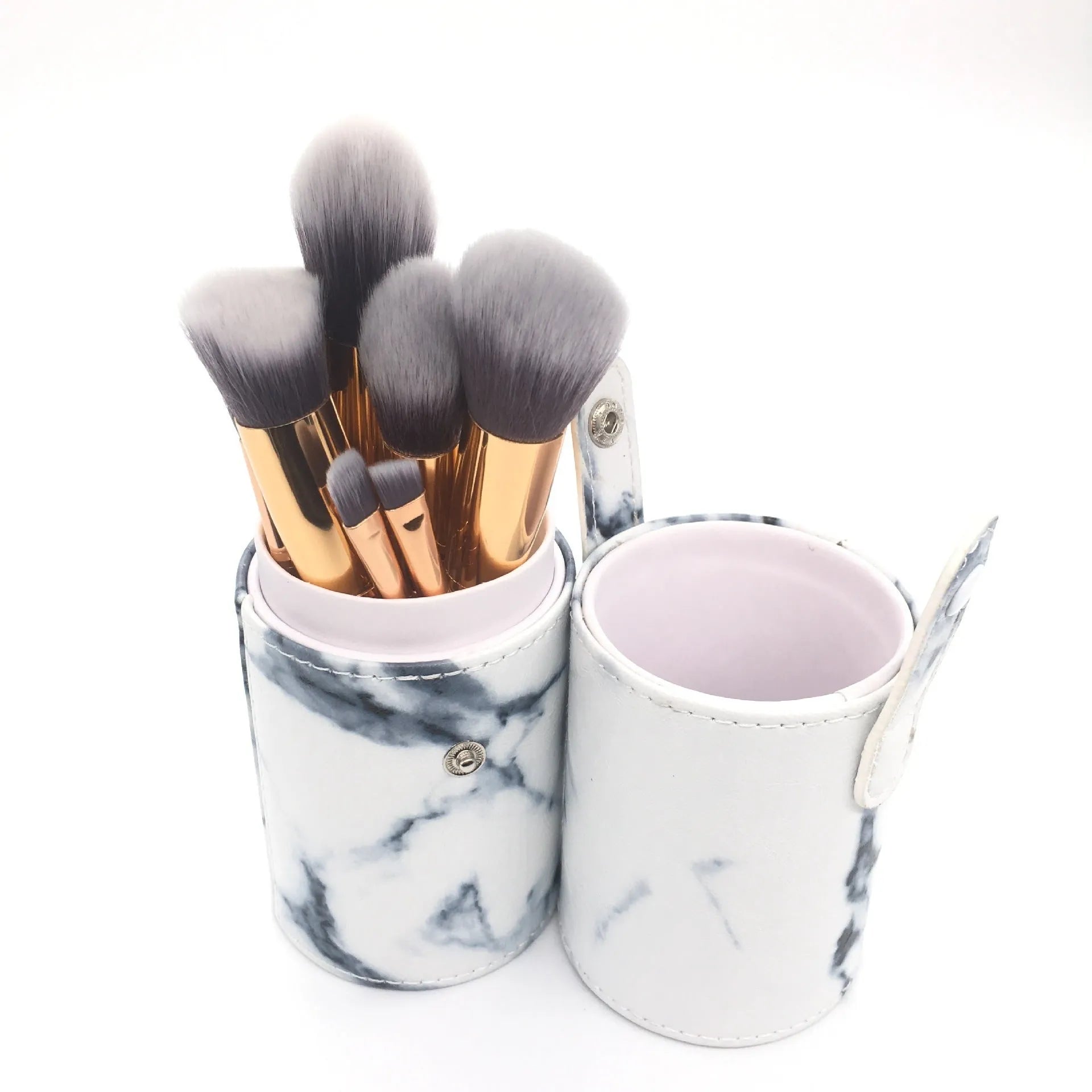 Marble pattern makeup brush set with ten brushes in a matching brush bag