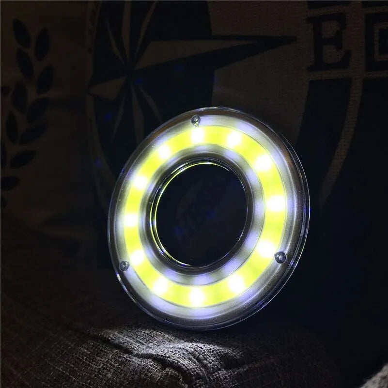 COB LED tent light with carabiner, ABS plastic shell, floodlight beam over 3 metres, primary colour