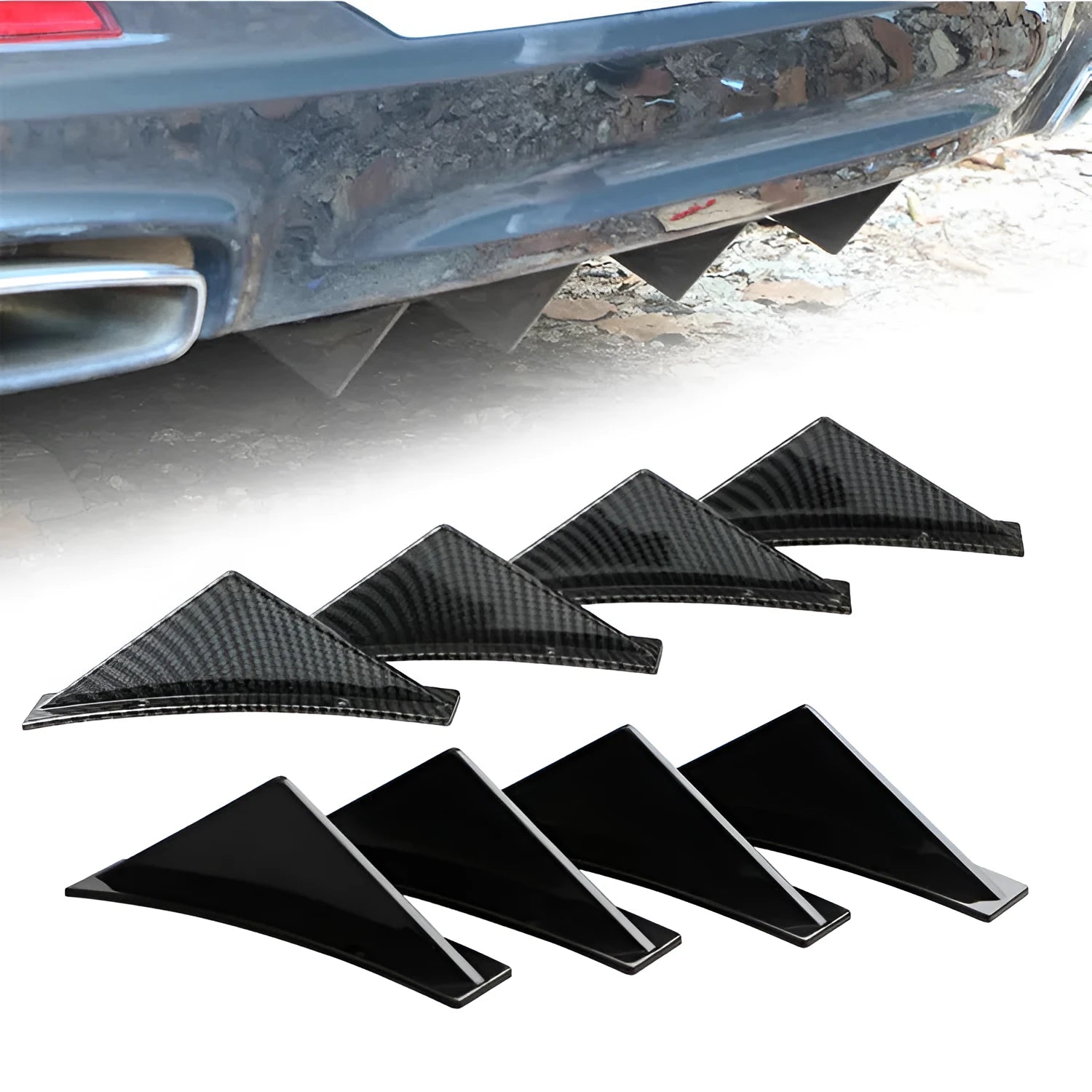 Car universal triangle rear spoiler kit with four ABS plastic pieces in bright black finish