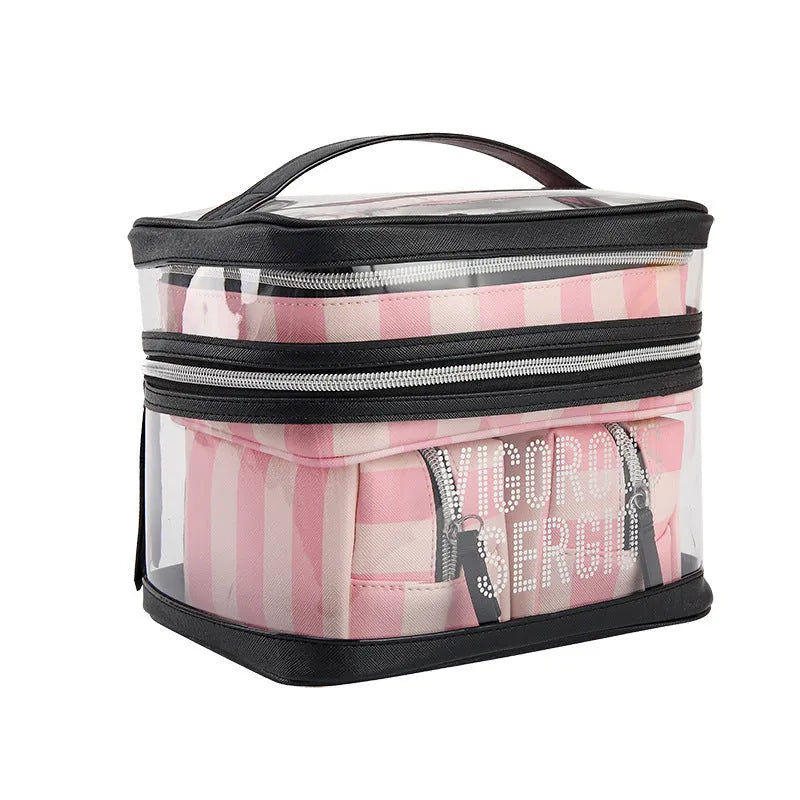 Pink bold stripes floral pattern waterproof synthetic leather makeup buggy bag