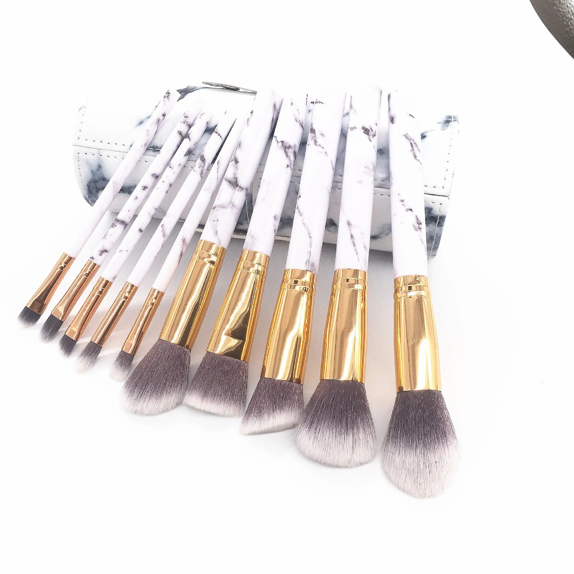Marble pattern makeup brush set with ten brushes in a matching brush bag