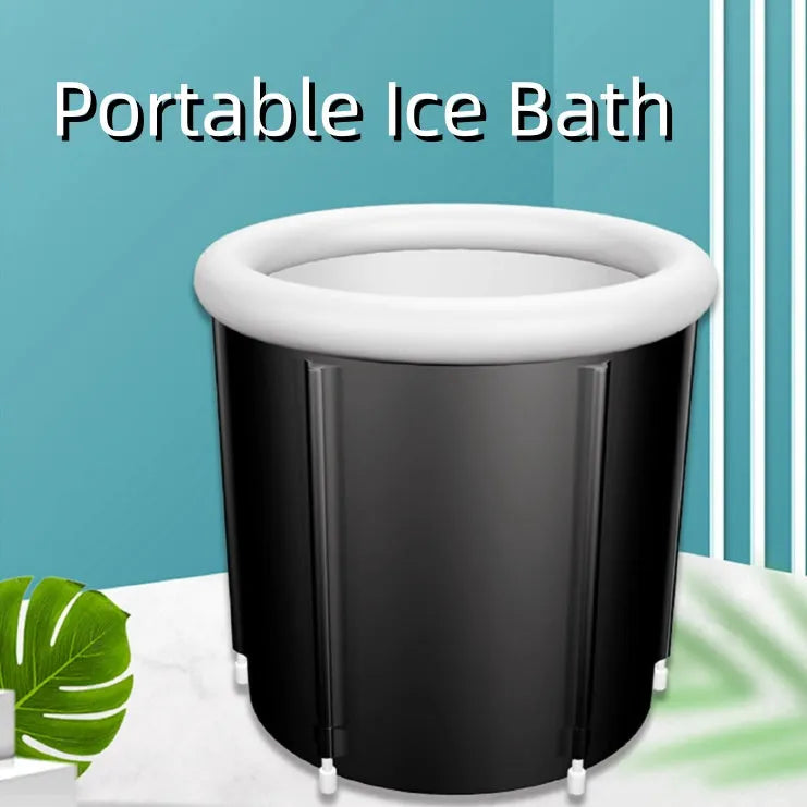 Black inflatable PVC portable ice bath tub with insulation and a fitted weather lid.