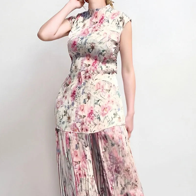 Long sleeve floral print chiffon dress and skirt set on a hanger.