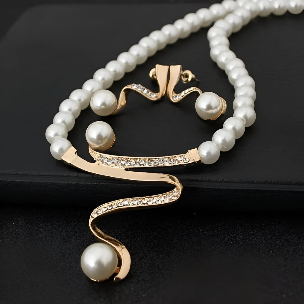 European fashion crystal pearl necklace earrings set for bride wedding wholesale CMT058