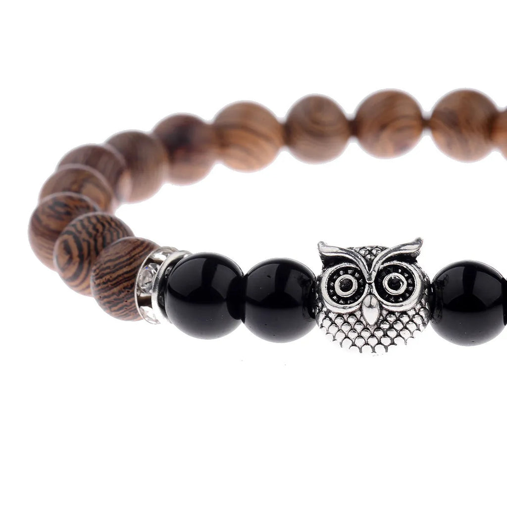 Owl frosted stone lifeline wood grain bracelet in black with wood beads and alloy clasp