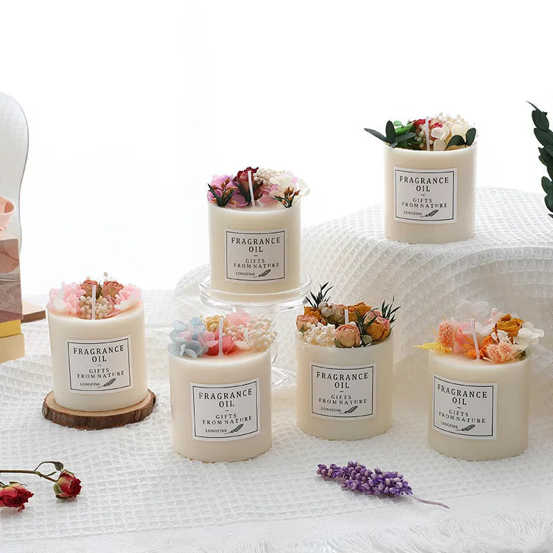 Dried flower aromatherapy candle with natural fragrance on wood chip base