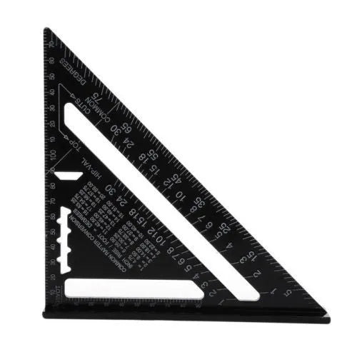Black aluminium alloy triangle square ruler showing 90-degree and 45-degree angles with metric graduations