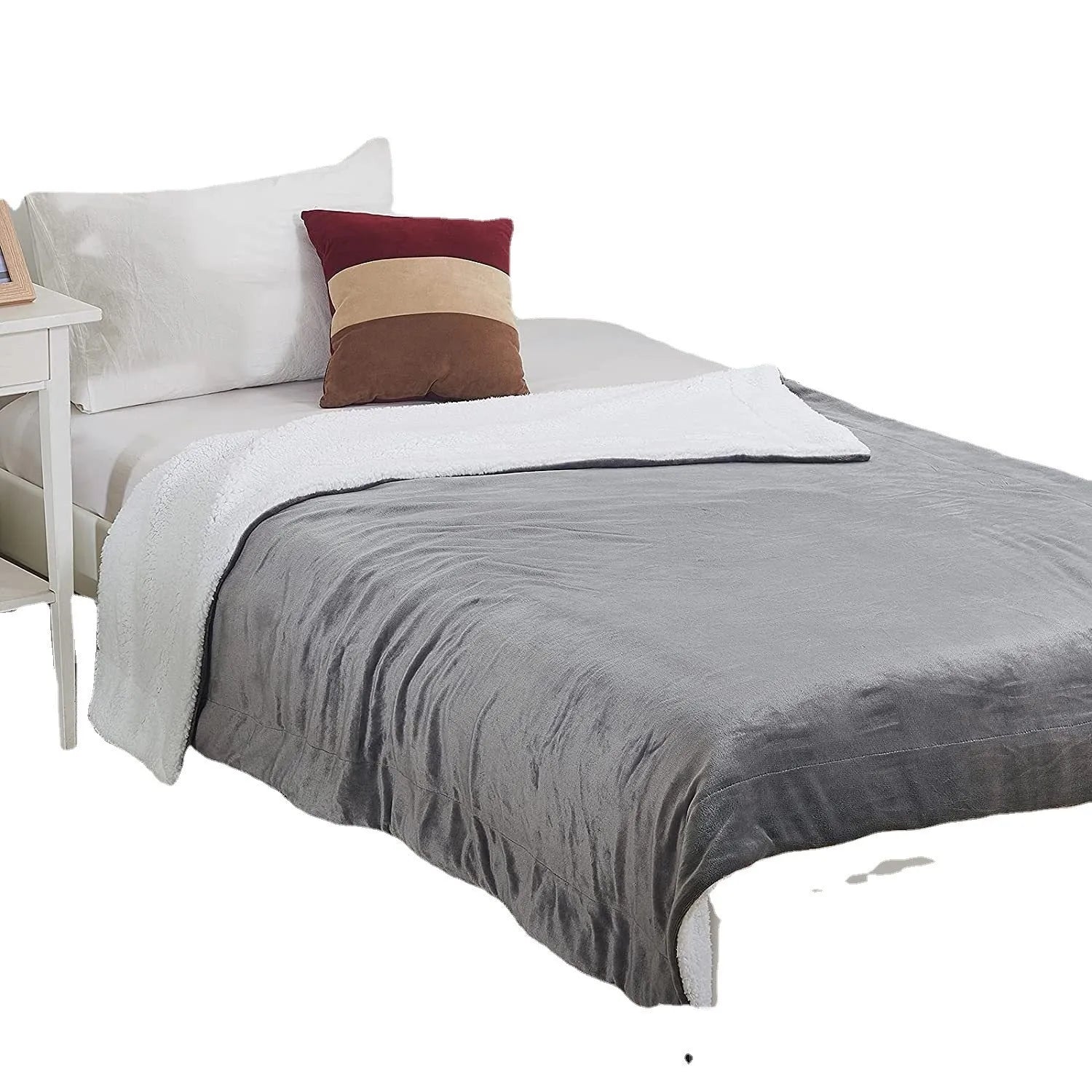 Grey and white flannel USB electric heating blanket with intelligent temperature control.
