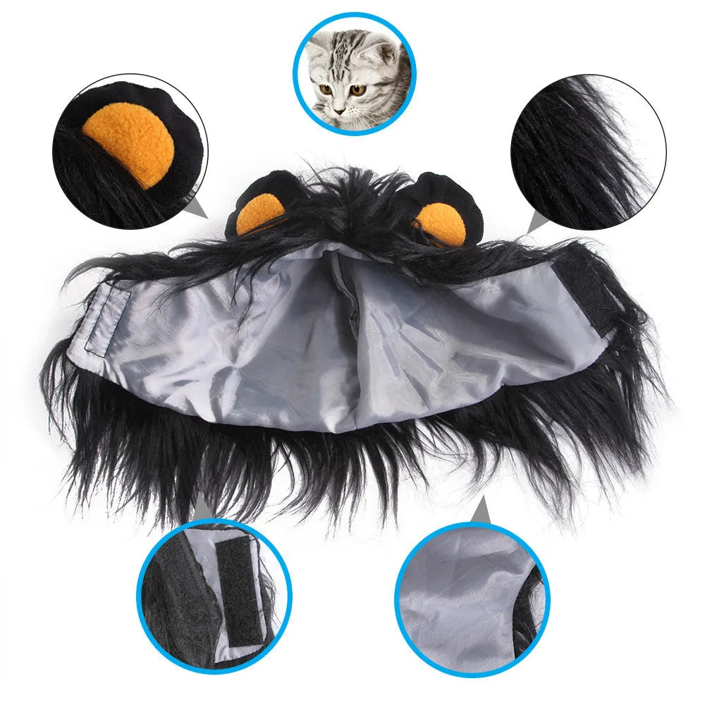 Black and white lion wig headgear for a cat, showing the soft polyester mane and elastic strap.