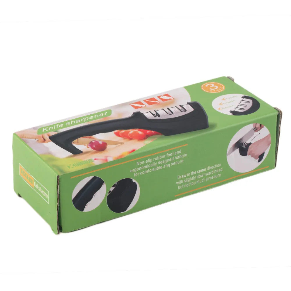 Three-stage knife sharpener with ABS body, anti-slip rubber feet, 20.5cm x 6cm x 7.5cm, available in four colours