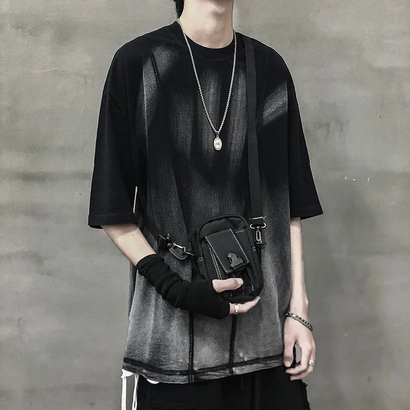 Black cotton short sleeve T-shirt with dark water wash finish, no-ironing treatment, crew neck, sizes M to XXL