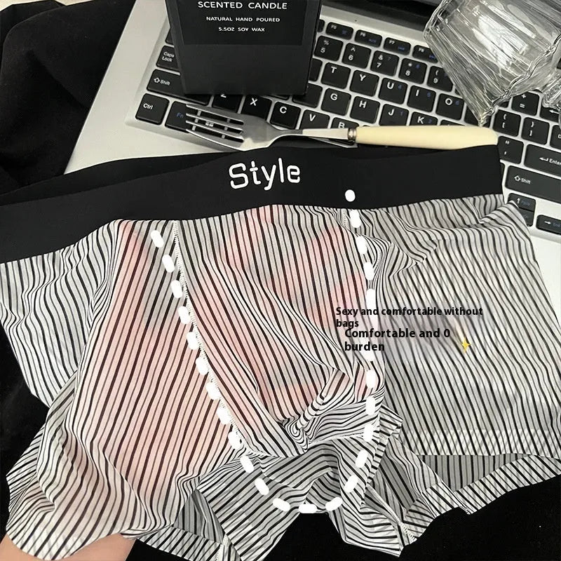 Vintage stripe men's ice silk breathable boxer briefs in dark brown knitted nylon