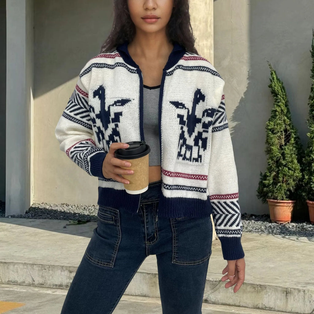 White women's zip-front cardigan with contrast colour jacquard stripes, short lapel design