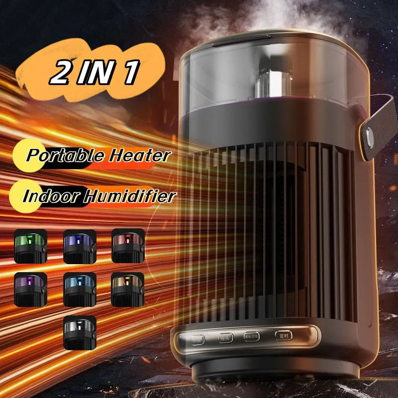 Black portable 2-in-1 space heater and humidifier with front control panel.