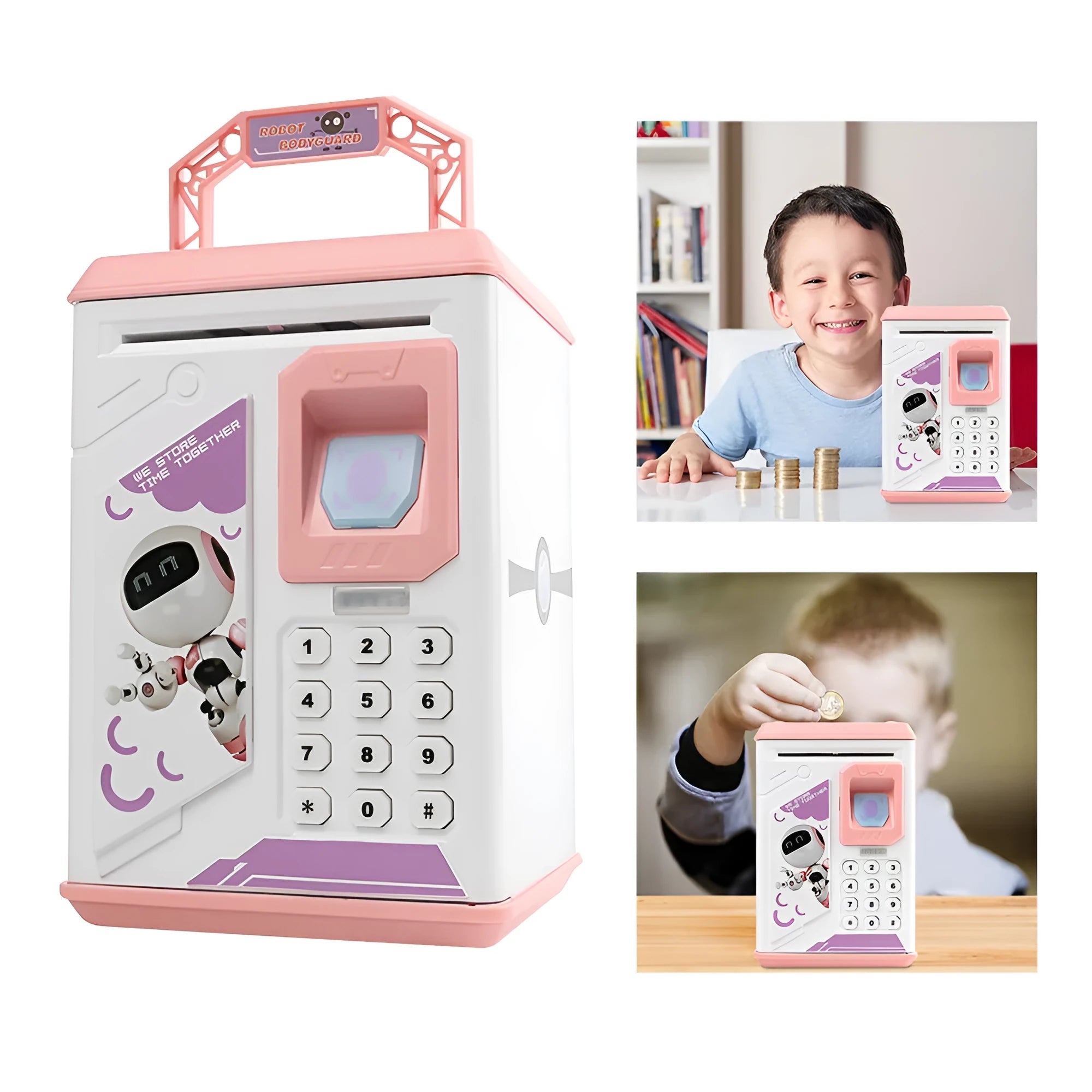 Electronic piggy bank in blue with fingerprint scanner and ATM-style front panel on white background