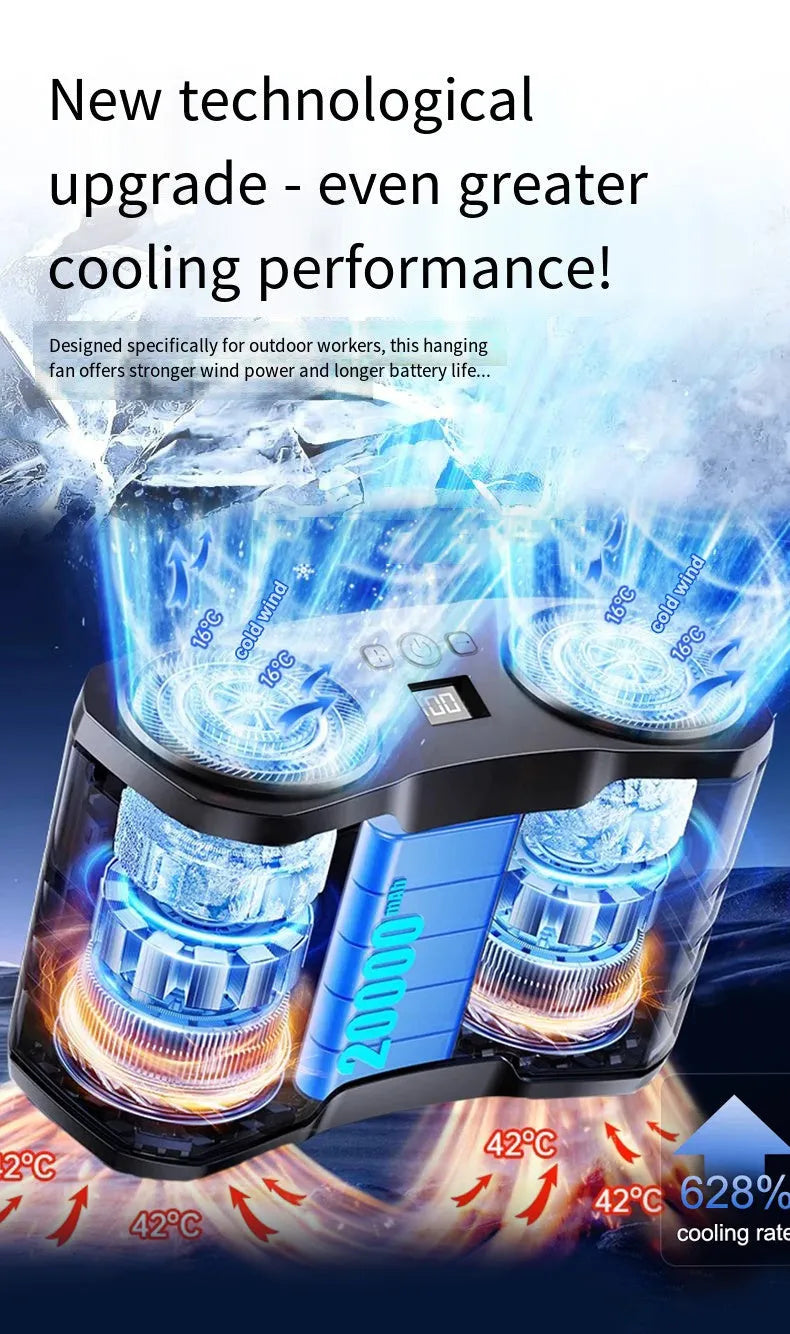 Grey waist-hung personal fan with neck lanyard, showing compact circular design and control button.