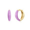 A pair of curved U-shaped drop earrings with a glossy light green oval and ring geometric design on copper wire.