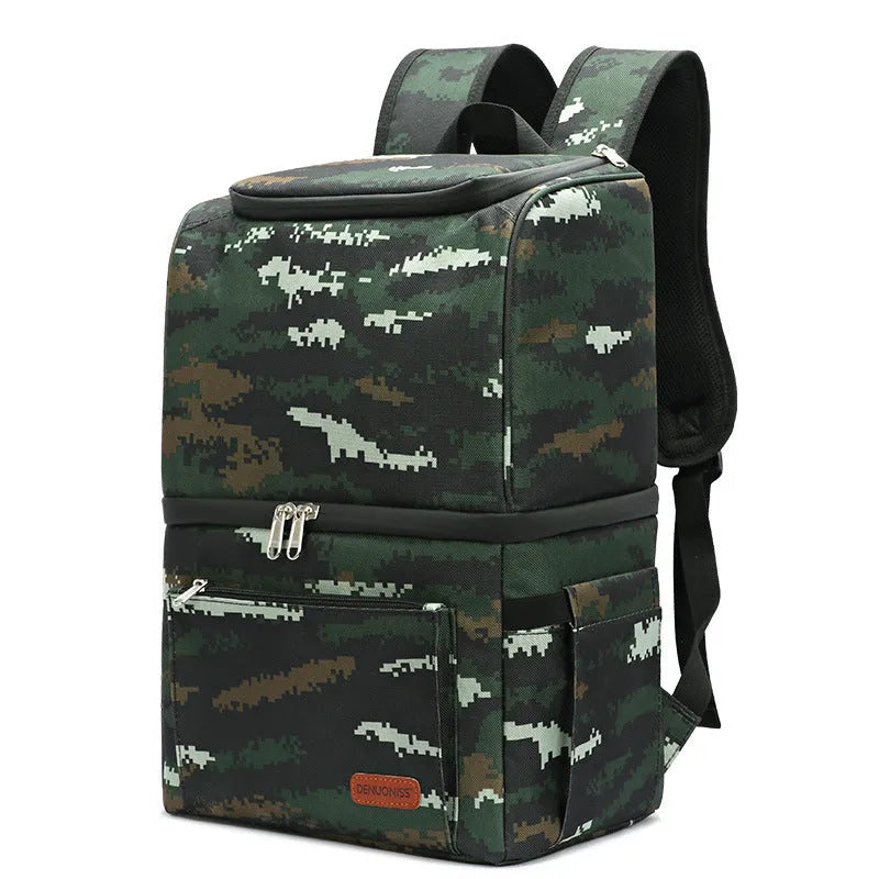 Blue double layer insulated waterproof picnic backpack with 22L capacity and ice pack compartment.