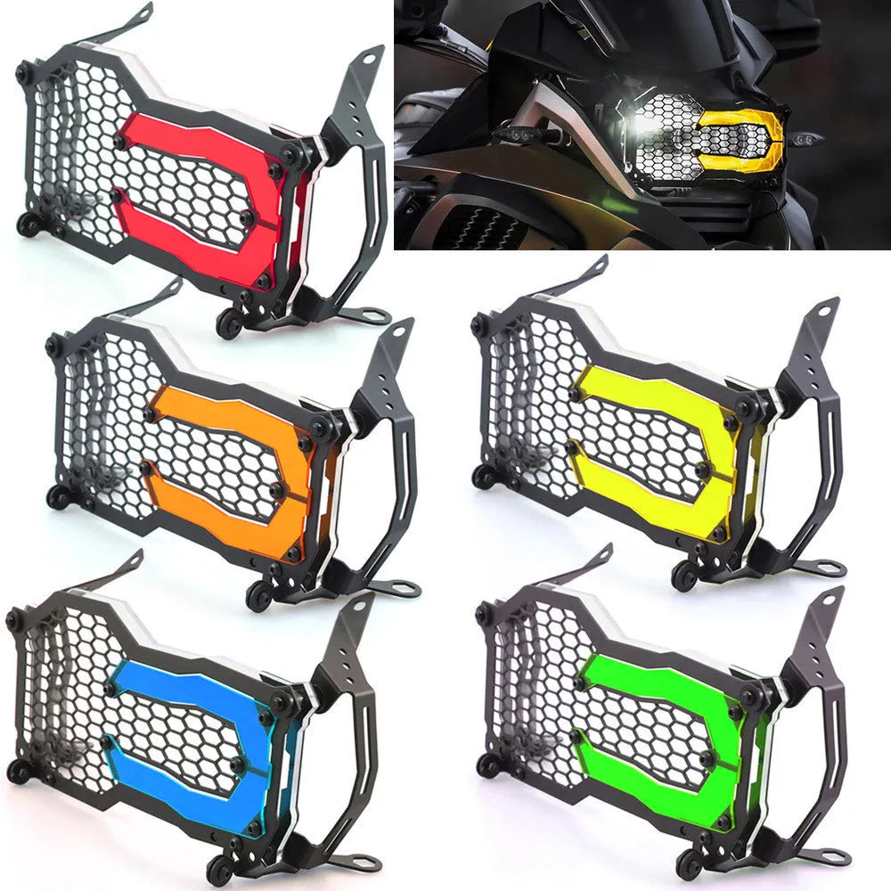 BMW motorcycle headlight protective cover in a choice of colours, shown next to a GS model.