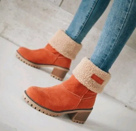 Women's mid-tube suede snow boots with a thick heel and waterproof platform in various colours.