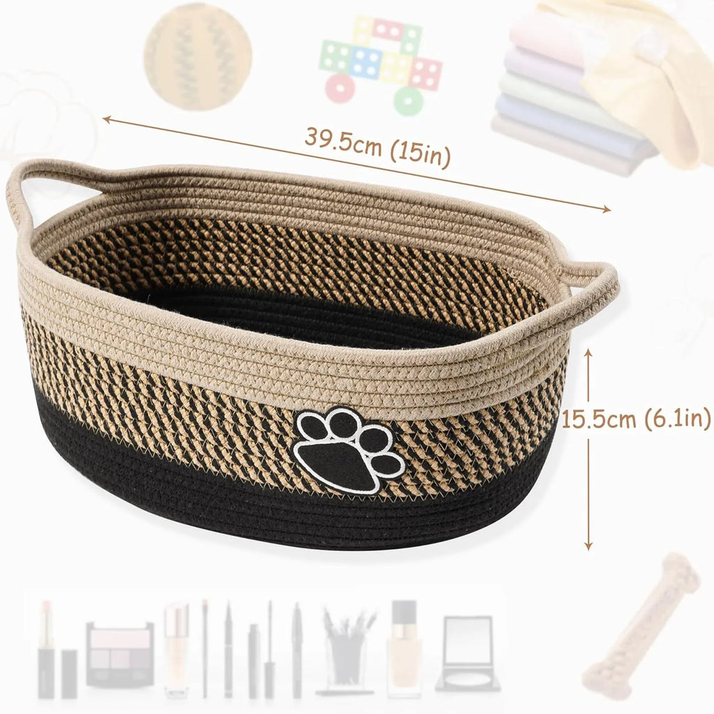 Small light beige woven cotton rope storage basket with wooden handles for organisation