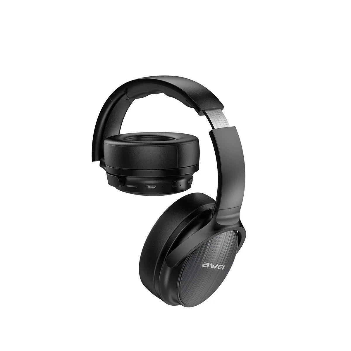 Awei black wireless Bluetooth over-ear headphones folded with audio cable and charging cable visible
