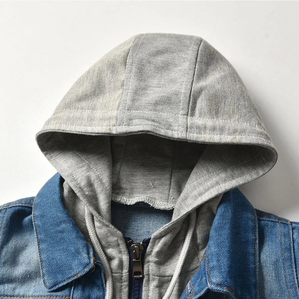 Children's grey hooded casual jacket with loose fit and lapel collar