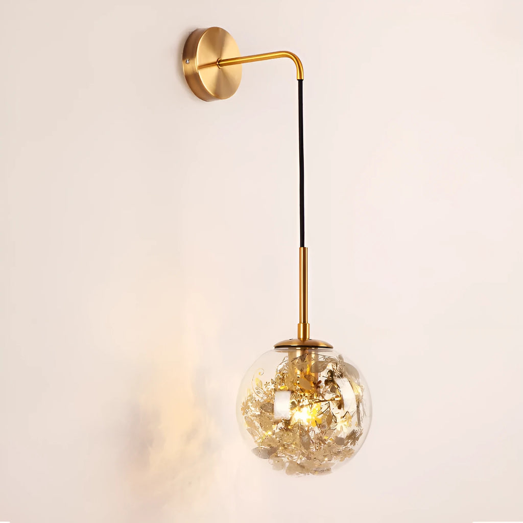 Modern creative wall-mounted bedside lamp with a golden flower glass shade and warm LED light.