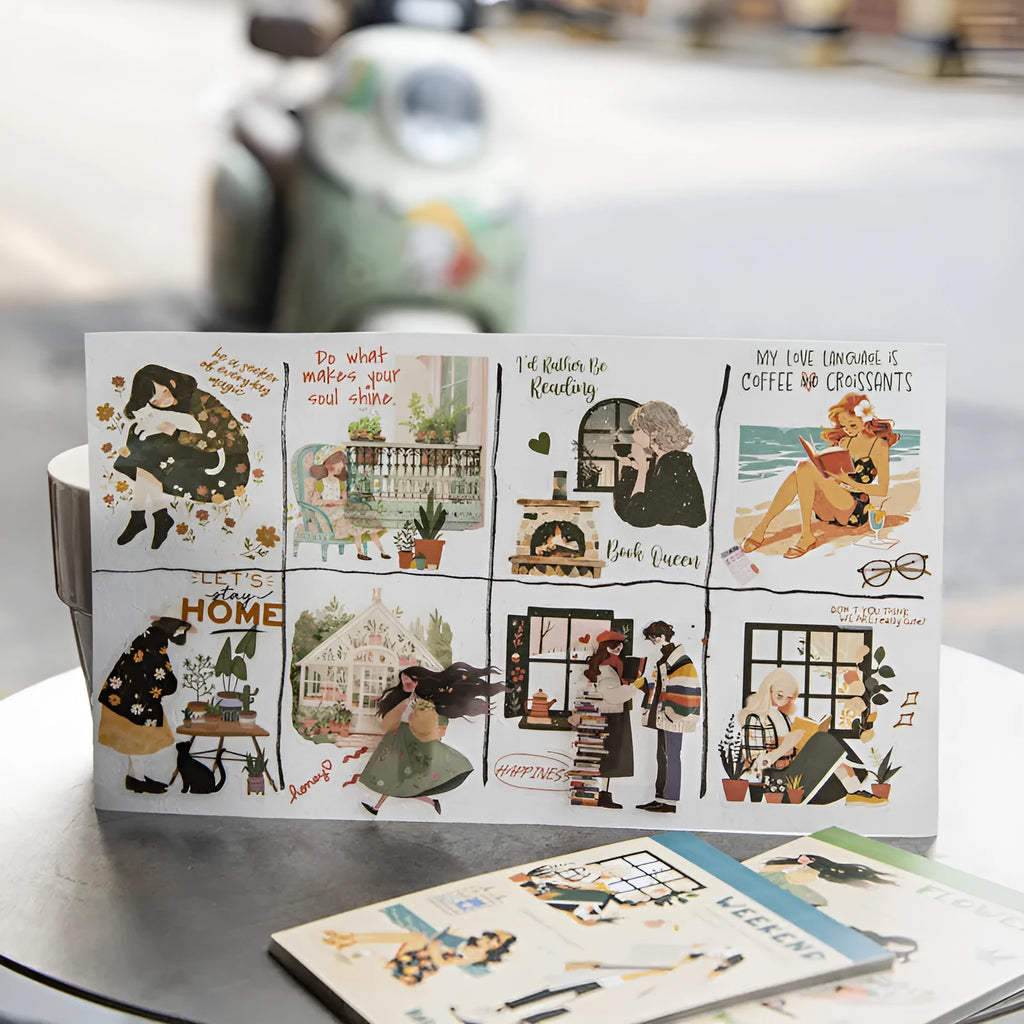 Double material retro character landscape sticker book with quiet reading time, planting small pot plant, holiday live healing time themes