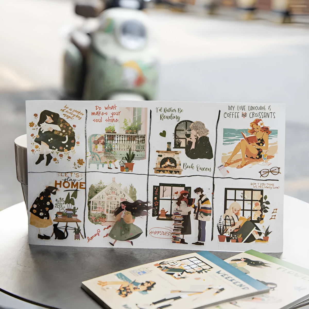 Double material retro character landscape sticker book with quiet reading time, planting small pot plant, holiday live healing time themes