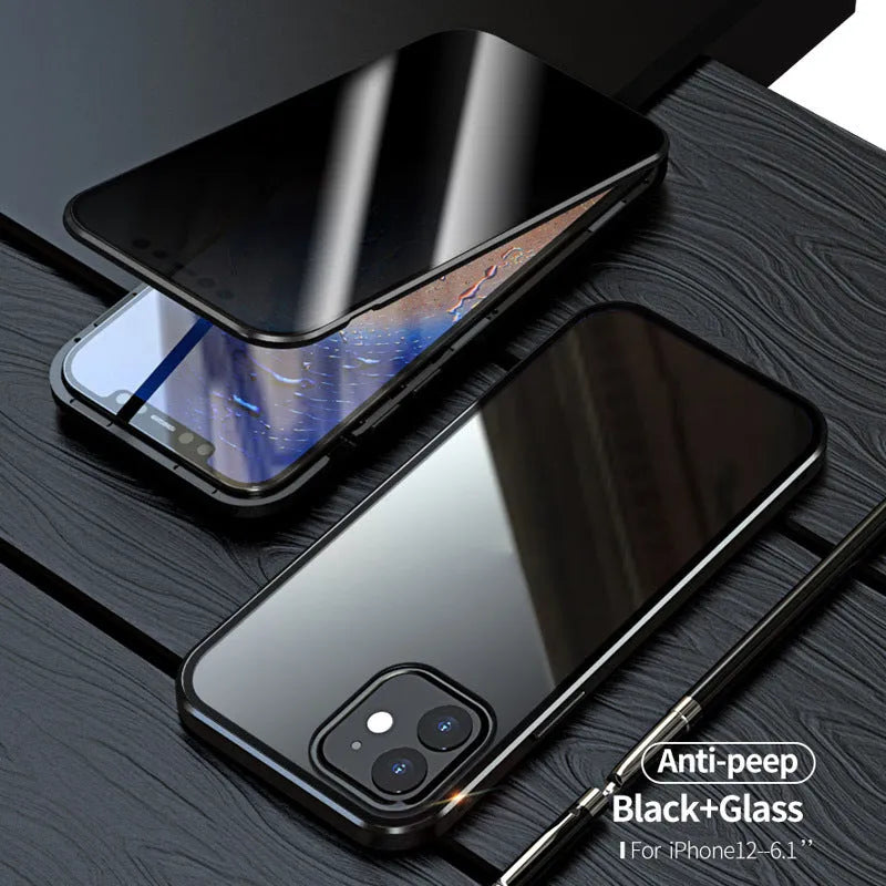 Magnetic black iPhone privacy case with anti-spy tempered glass back on an iPhone.