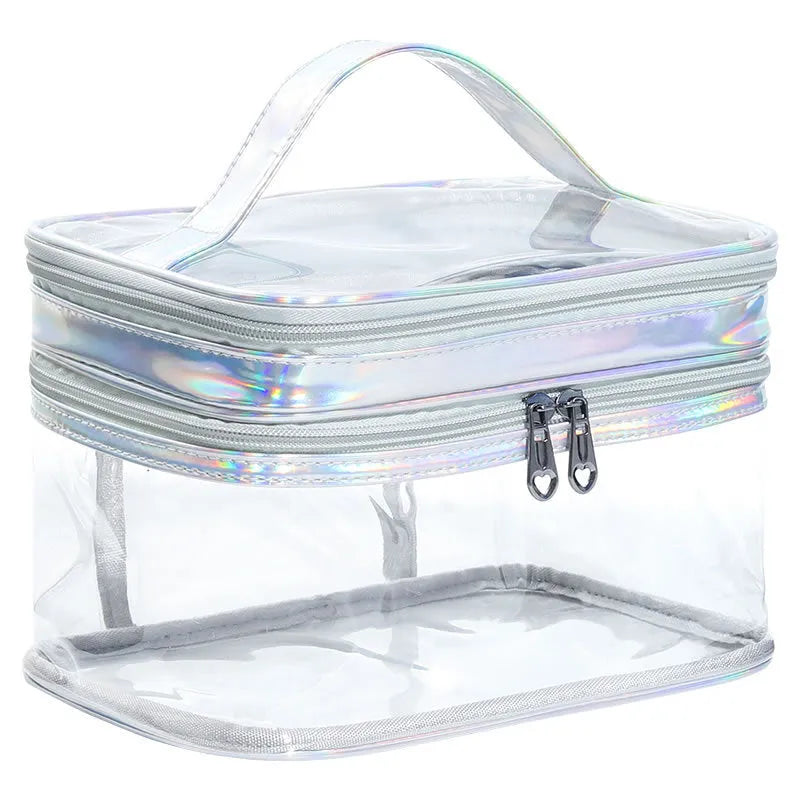 Transparent PVC women's cosmetics storage bag in black, pink, and silver gray with sealing closure