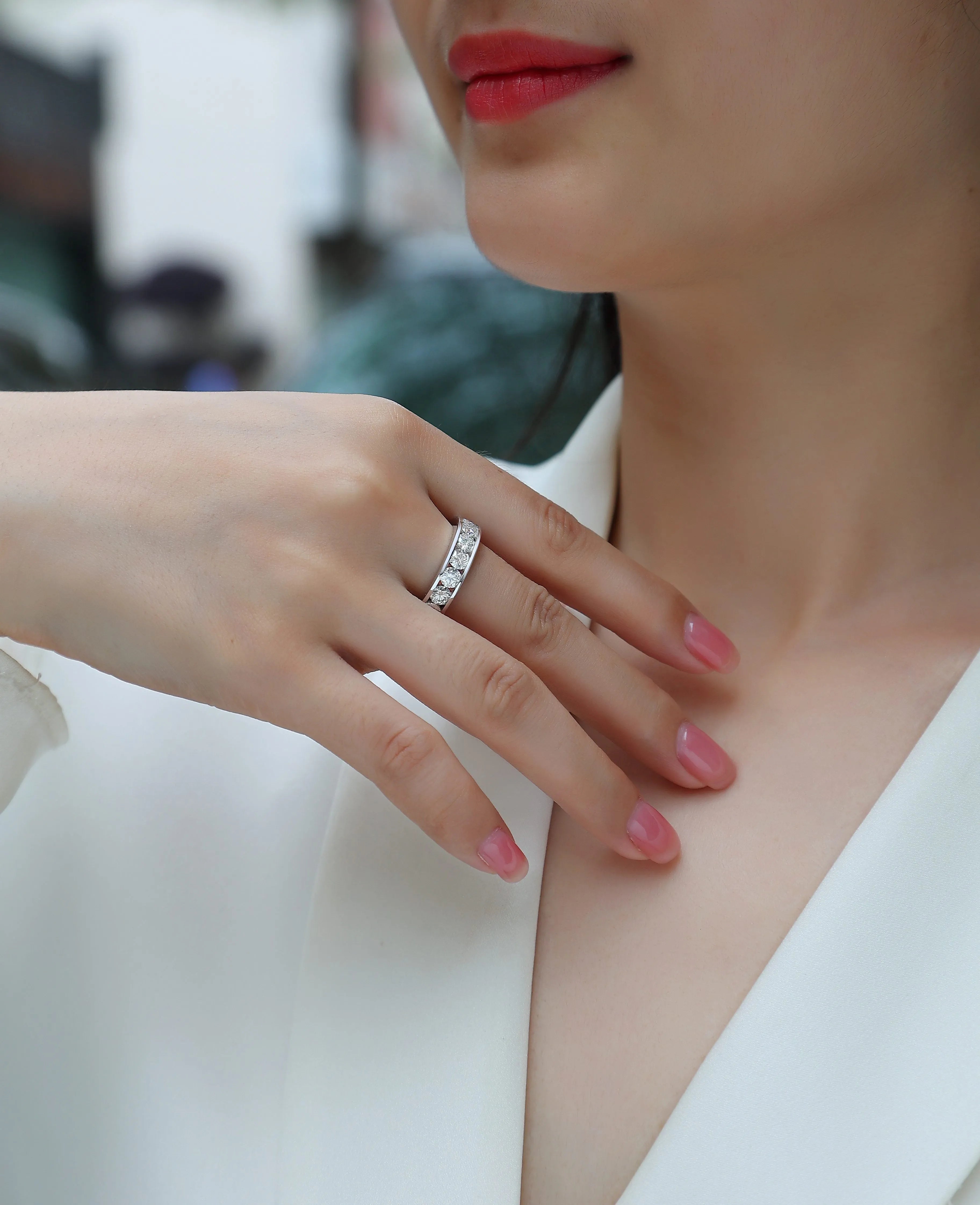 Large star moissanite wedding ring in S925 silver with platinum plating on white background