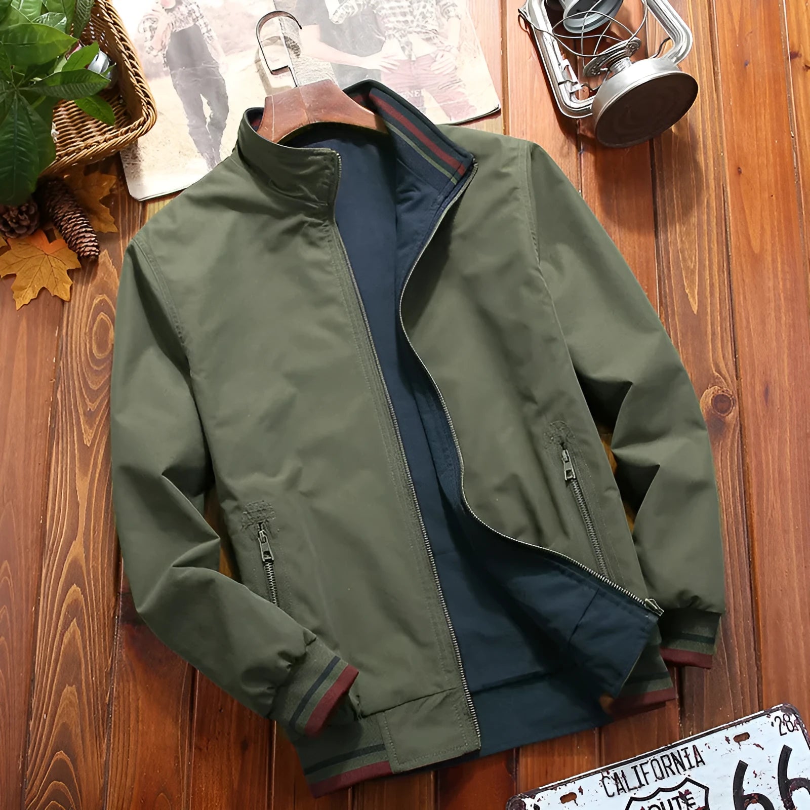 Men's double-sided reversible stand-up collar casual jacket in army green, polyester blend, long sleeves