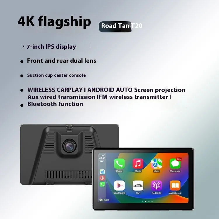Black 7-inch wireless CarPlay projection camera and dash cam with wide-angle lens on car dashboard