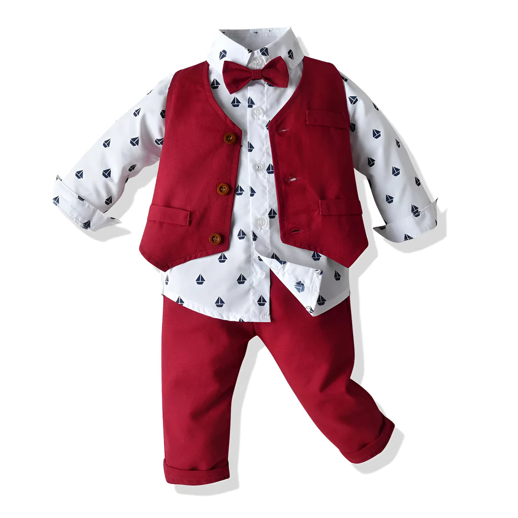 Boys children's long-sleeved shirt vest and pants suit in red cotton single-breasted design