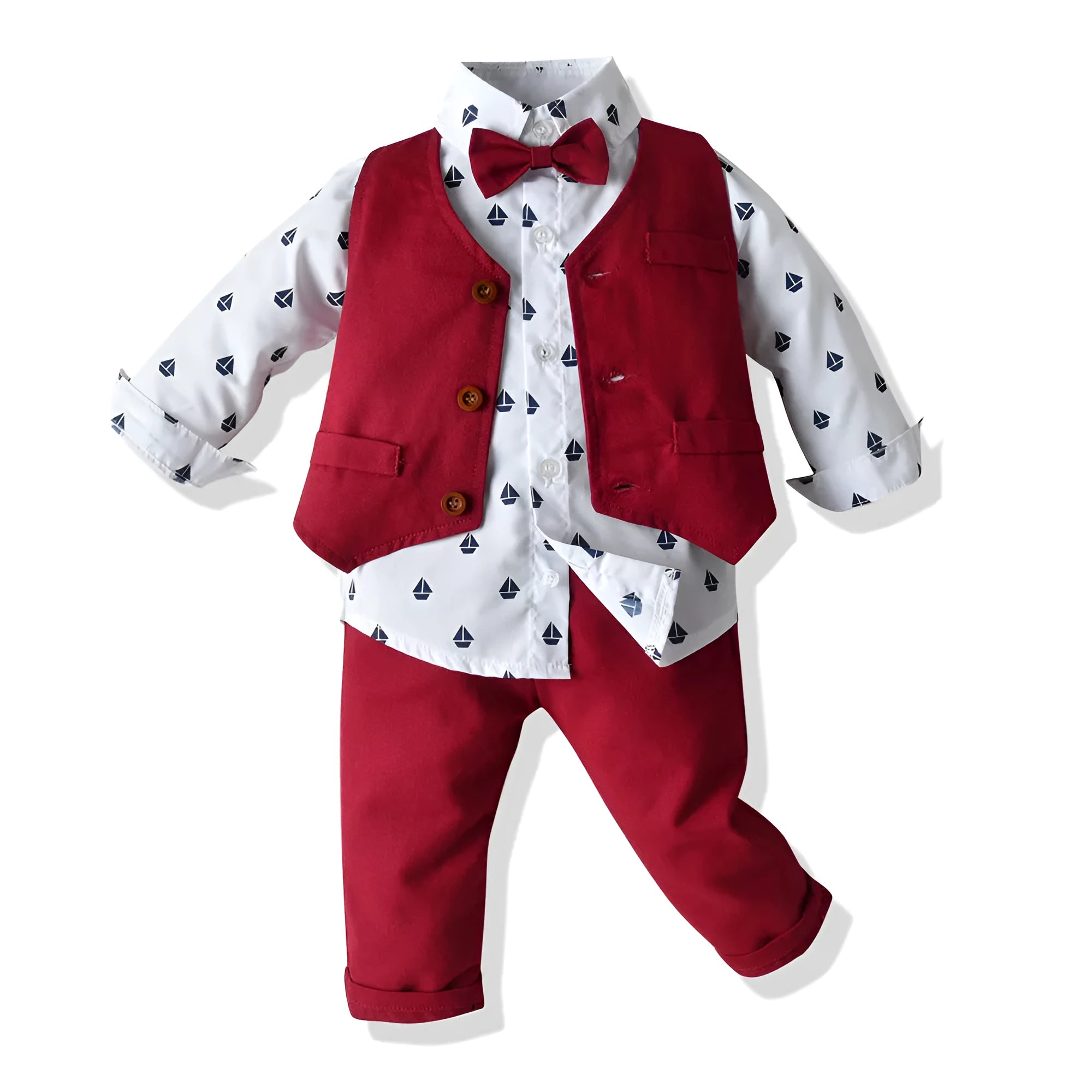 Boys children's long-sleeved shirt vest and pants suit in red cotton single-breasted design