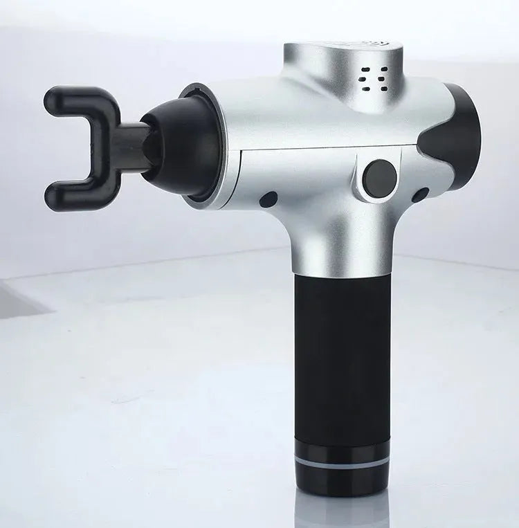 Massage gun with 6 massage heads, black ABS body, and LCD touch screen on a white background