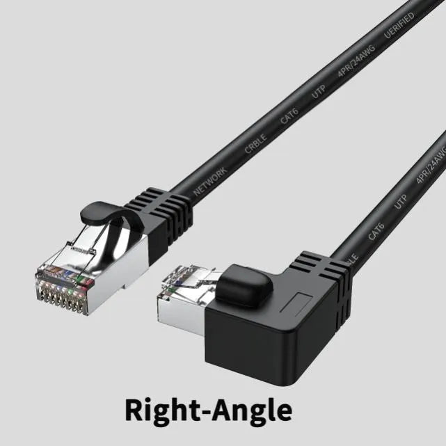 Coloured Cat6 Ethernet cable with a right-angled metal RJ45 connector plug in a choice of four orientations.