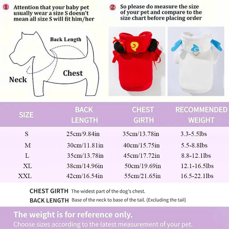 Pet hoodie costume for cats and dogs, Nezha style red or Obing style white, with themed decorations, warm soft fabric