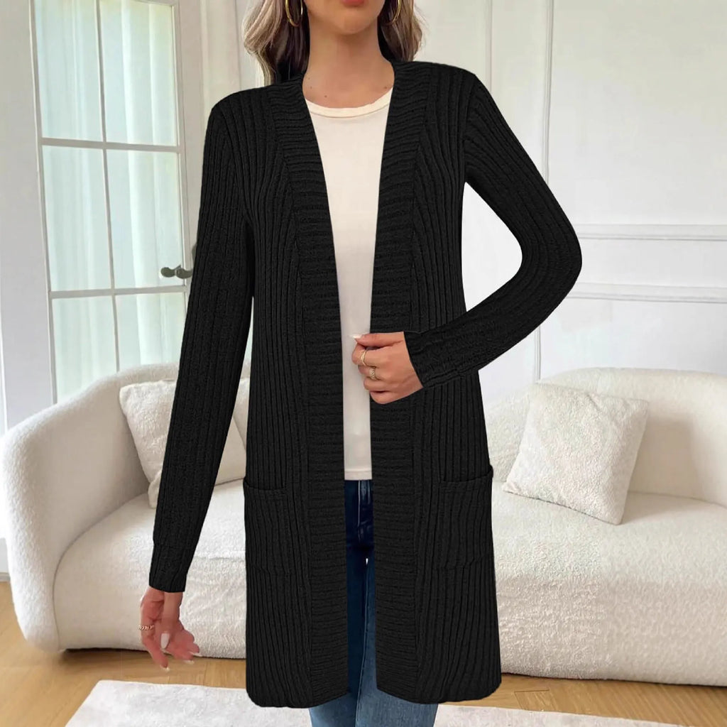 Long sleeve loose-fit knitted cardigan jacket with pockets in wine red colour.