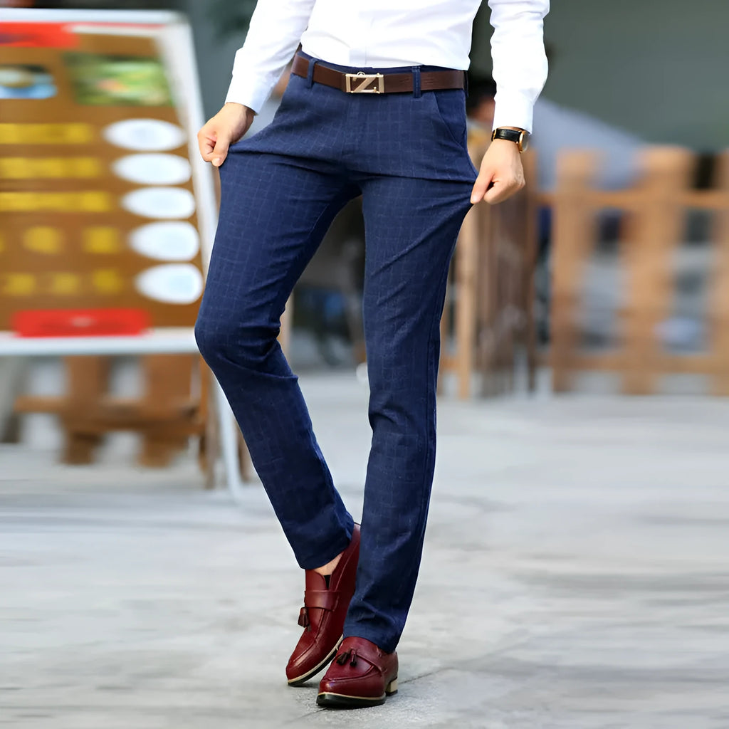 Straight slim Korean style cotton trousers for men in black, check pattern, mid-rise waist